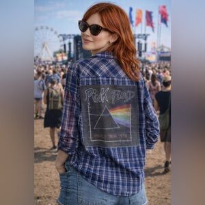 Upcycled Pink Floyd Graphic Tee On REWIND Lightweight Flannel Shirt Size M OOAK